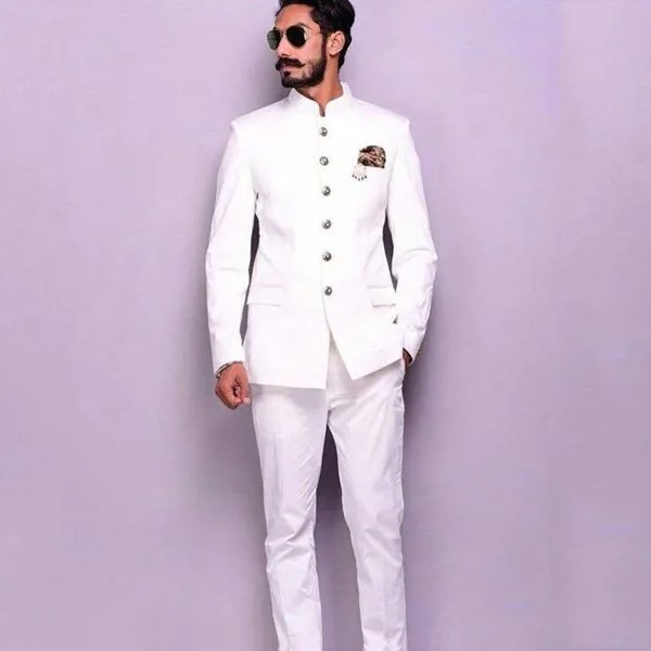 Индийский смокинг для жениха с воротником-стойкой, белые костюмы, мужской свадебный костюм 2021, мужской костюм для жениха, классическая мужс...