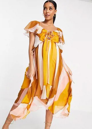 Полосатое платье миди с оборками и шнуровкой спереди ASOS DESIGN Maternity-Разноцветный