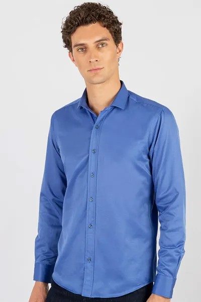 Современная приталенная простая атласная хлопковая мужская рубашка с саксофоном синего цвета TUDORS