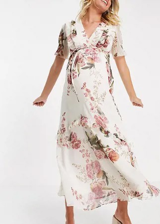 Платье макси цвета слоновой кости с расклешенными рукавами и крупным принтом роз Hope & Ivy Maternity-Многоцветный