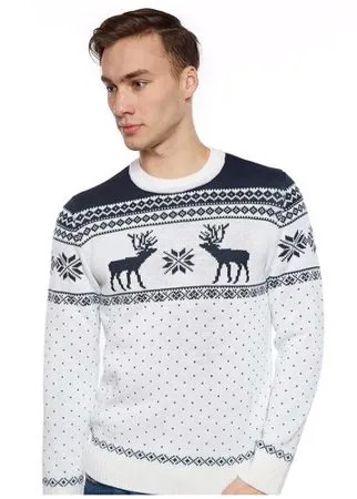 Шерстяной свитер, скандинавский орнамент с Оленями и снежинками, натуральная шерсть, белый цвет, размер S