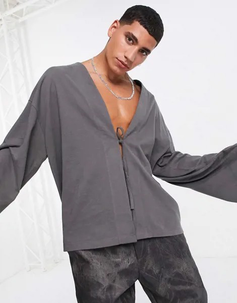 Трикотажный oversized-кардиган темно-серого цвета с длинными рукавами и завязкой ASOS DESIGN-Серый