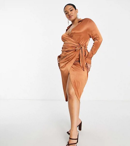 Атласное платье-рубашка миди цвета карамели с завязкой на талии ASOS DESIGN Curve-Разноцветный