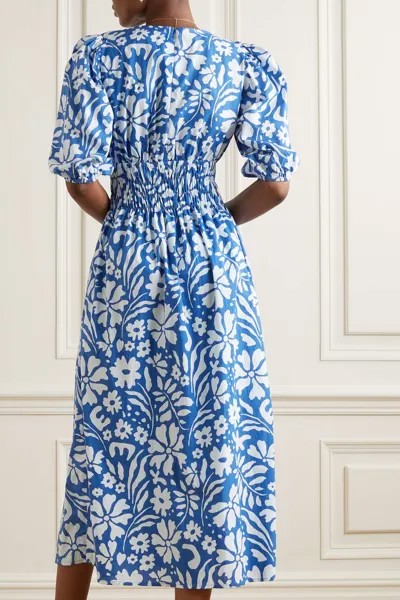 FAITHFULL THE BRAND Платье миди Agnata с присборенным цветочным принтом и органическим хлопковым поплином, синий