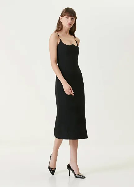 Черное платье-миди с разрезом и деталью Versace