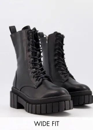 Черные высокие ботинки для широкой стопы на шнуровке и массивной подошве Truffle Collection-Черный цвет