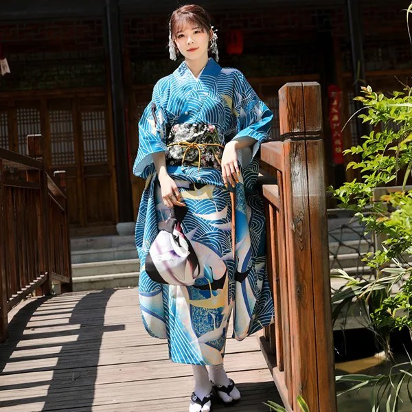 Традиционный винтажный Японский костюм кимоно с принтом журавлей юката кимоно с Оби Сабо 5 шт. женская одежда кимоно гейши сценическое плат...