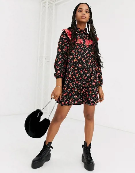 Черное свободное платье-рубашка мини с цветочным принтом ASOS DESIGN-Многоцветный