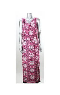 Розово-белое платье макси без рукавов с принтом и драпированным вырезом Ellen Tracy M