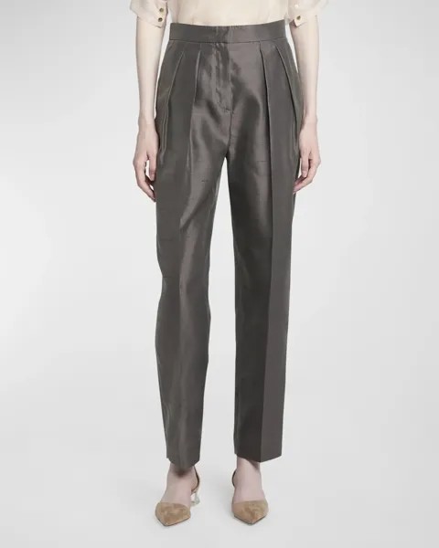 Прямые брюки со складками из шелка Shantung Giorgio Armani, цвет Dark Grey