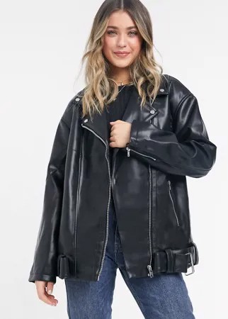Черная байкерская удлиненная куртка свободного кроя из искусственной кожи ASOS DESIGN-Черный цвет