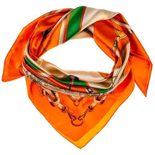 Шелковый платок на шею/Платок шелковый на голову/женский/Шейный шелковый платок/стильный/модный /21kdgPL903024-2vr оранжевый, зеленый/Vittorio Richi/80% шелк,20% полиэстер/90x90