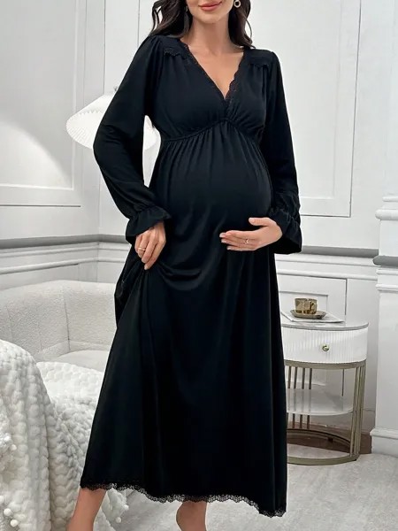 Underwear&Sleepwear Пижама для беременных, кружевная нашивка, V-образный вырез, рюши, расклешенные рукава Shein, черный