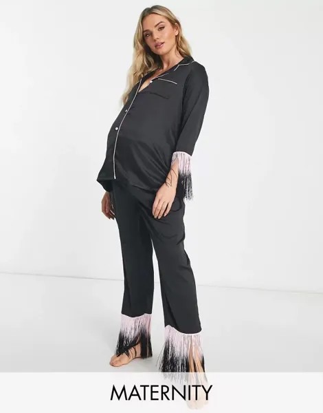 Длинная пижама с бахромой на пуговицах Loungeable для беременных черного и розового цвета
