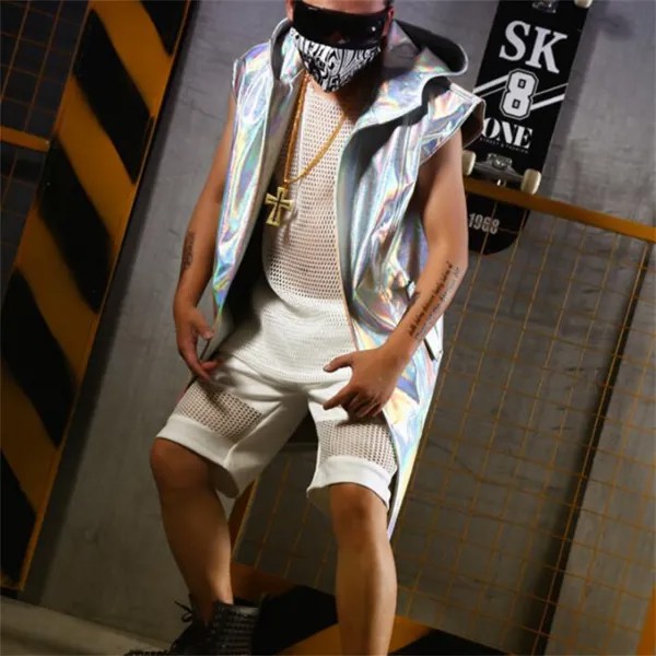 Мужская разноцветная жилетка из искусственной кожи; Одежда с капюшоном без рукавов; camiseta tirantes hombre; Персонализированная одежда для певицы; Т...