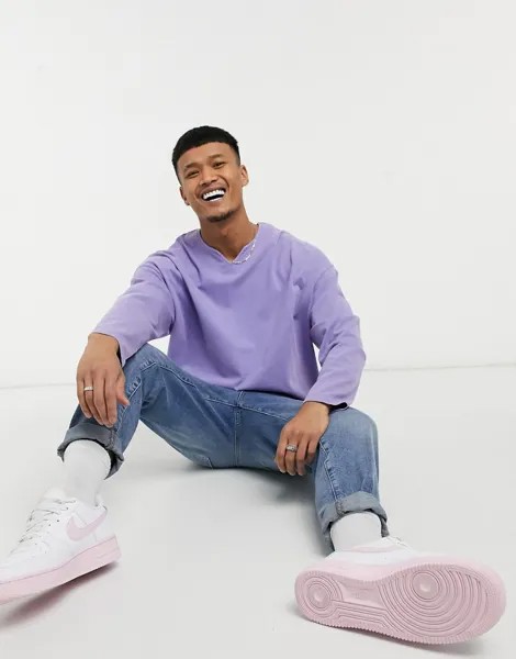 Фиолетовый oversized-лонгслив с разрезом на горловине и эффектом кислотной стирки ASOS DESIGN-Фиолетовый цвет
