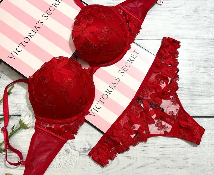 Красный бюстгальтер пуш-ап с цветочной вышивкой Victorias Secret Luxe Appliqué