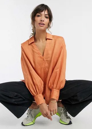 Терракотовая oversized-рубашка из органического льна с разрезами по бокам Aligne-Коричневый цвет