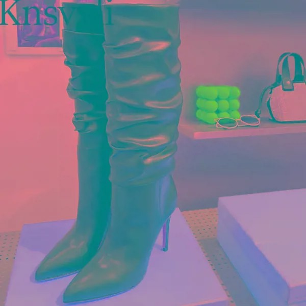 Сапоги женские плиссированные до колена, натуральная кожа, заостренный носок, высокий каблук, пикантная модельная обувь