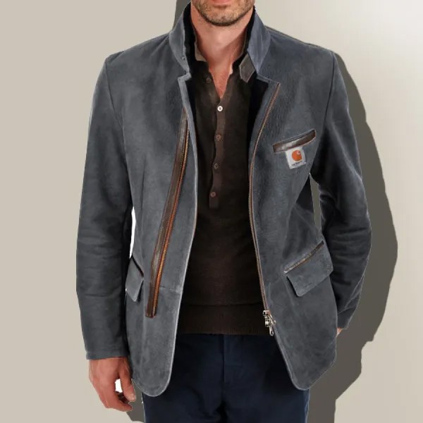 Мужской винтажный замшевый пиджак с воротником-стойкой и боковой молнией контрастная кожаная куртка на лямках средней длины пальто