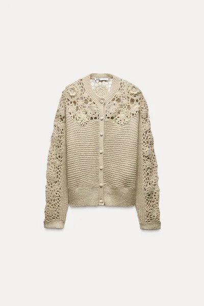 Комбинированный кардиган крючком ZARA, светло-зеленый
