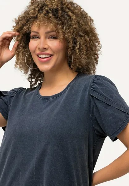 Блузка Ruffled Cap Sleeve Ulla Popken, темно-синяя