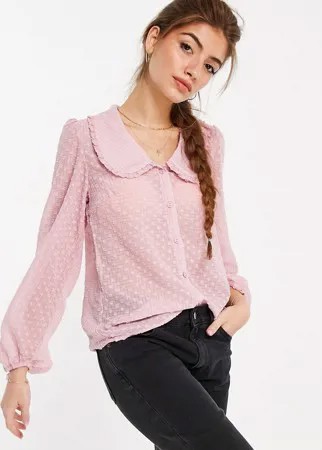 Бледно-розовая блузка из ткани добби с воротником и принтом в горошек New Look-Фиолетовый цвет