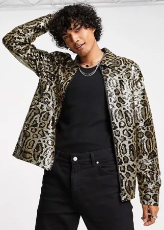 Золотистая куртка Харрингтон со звериным принтом и пайетками ASOS DESIGN-Золотистый