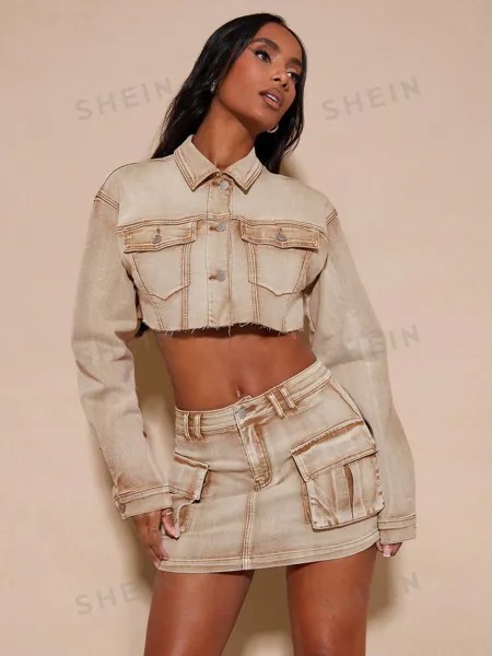 Куртка джинсовая короткая Shein Bae с пуговицами спереди, хаки