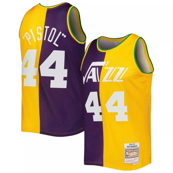 Мужская майка Mitchell & Ness Pete Maravich фиолетового/желтого цвета New Orleans Jazz Hardwood Classics 1974-75 с разрезом Swingman