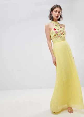 Плиссированное платье макси с вышивкой на лифе Frock And Frill-Желтый