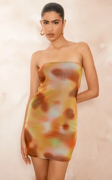 PrettyLittleThing Оранжевое облегающее платье из сетчатой ​​ткани на подкладке-бандо с абстрактным принтом