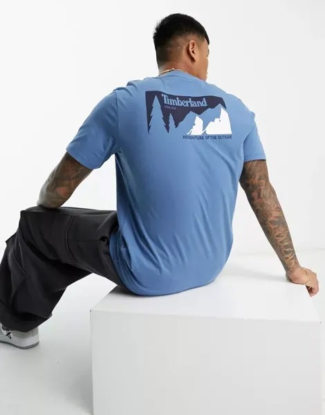 Синяя футболка Timberland с принтом «горы» на спине