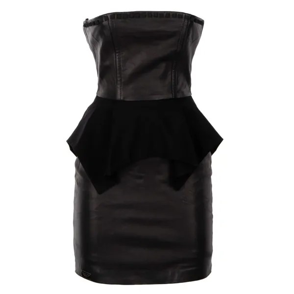 PHILIPP PLEIN Короткое кожаное платье с заклепками и баской черного цвета S 4 09103
