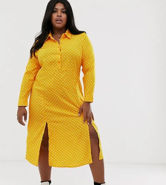 Платье-рубашка мидакси в горошек и с разрезами спереди Wednesday's Girl curve-Желтый