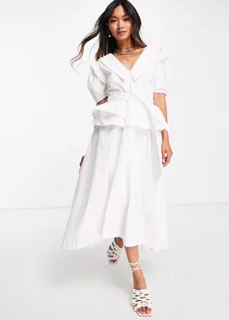 Поплиновое платье миди с винтажным воротником и пышной юбкой Lost Ink-Белый
