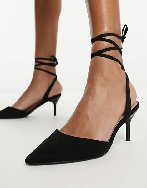 Черные туфли на каблуке с завязками на щиколотке New Look