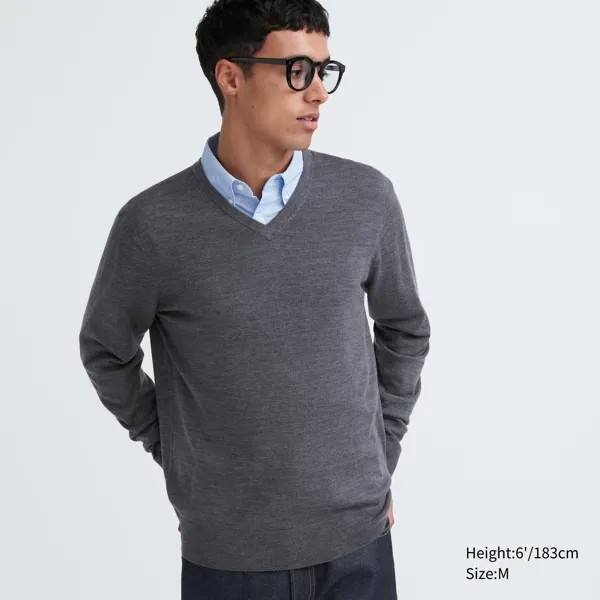 Джемпер Uniqlo мужской кашемировый с v-образным вырезом, серый