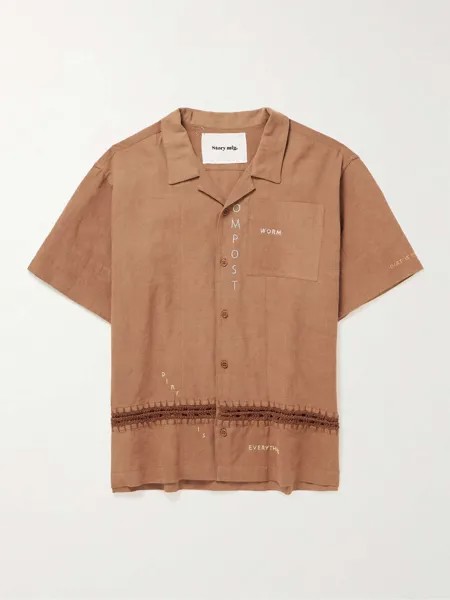 Рубашка с вышивкой из хлопка и льна с воротником-стойкой и отделкой крючком STORY MFG., коричневый