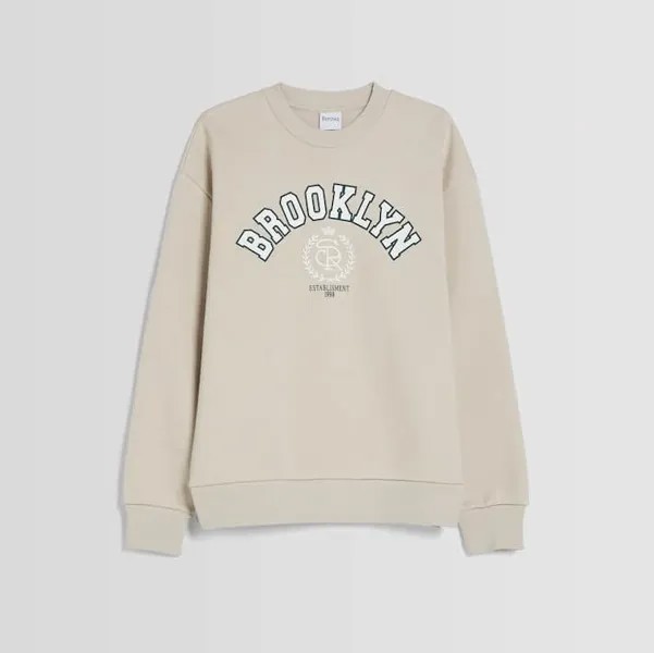 Свитшот Bershka Brooklyn Print Round Neck, бежевый