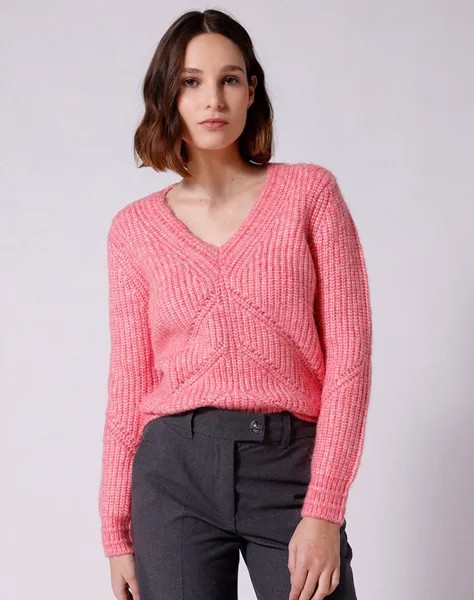 Женский свитер с V-образным вырезом и ажуром Naf Naf, розовый