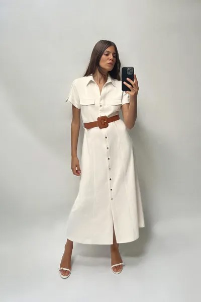 Платье-рубашка с поясом ZARA, экрю