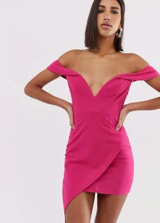 Платье мини с открытыми плечами, глубоким вырезом и асимметричным запахом Love Triangle-Розовый цвет