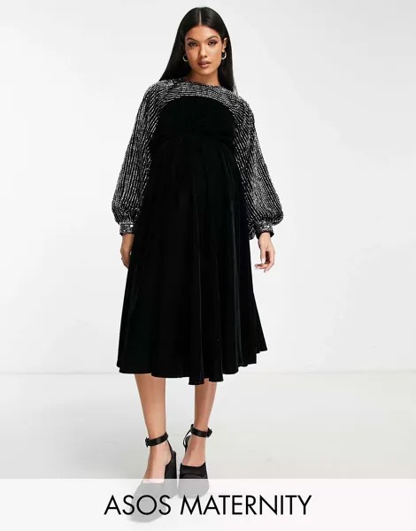 Черное бархатное платье миди с кокеткой и декоративными деталями ASOS DESIGN Maternity