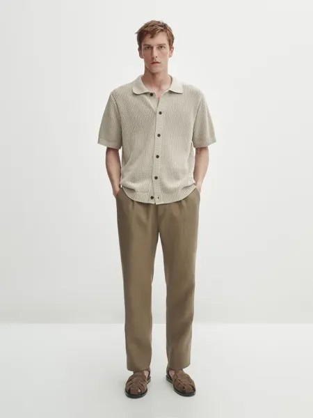 Кардиган ришелье с короткими рукавами и пуговицами Massimo Dutti, бежевый