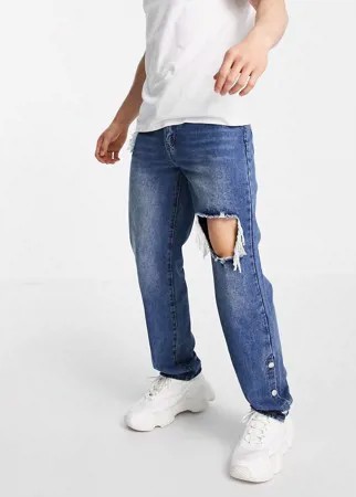 Свободные джинсы винтажного синего цвета со рваной отделкой и кнопками по краю Mennace-Голубой