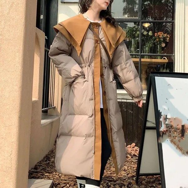 Женский пуховик средней длины до колена, корейская мода, хлопковое пальто с лацканами, зимнее утепленное пальто с хлопковой подкладкой