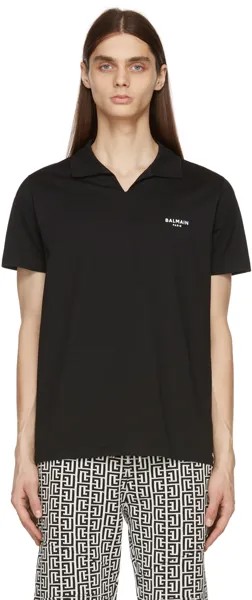 Черная флокированная футболка-поло с логотипом Balmain