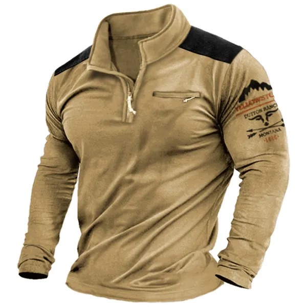 Мужская футболка Vintage Yellowstone 1/4 Zipper Stand Collar Длинный рукав Карманный удобный пуловер