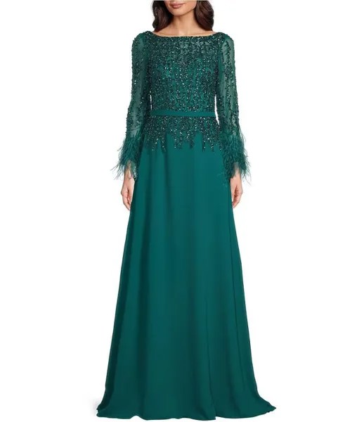 Terani Couture Каскадное платье трапециевидной формы с вырезом «лодочка» и перьями на рукавах и поясом, зеленый